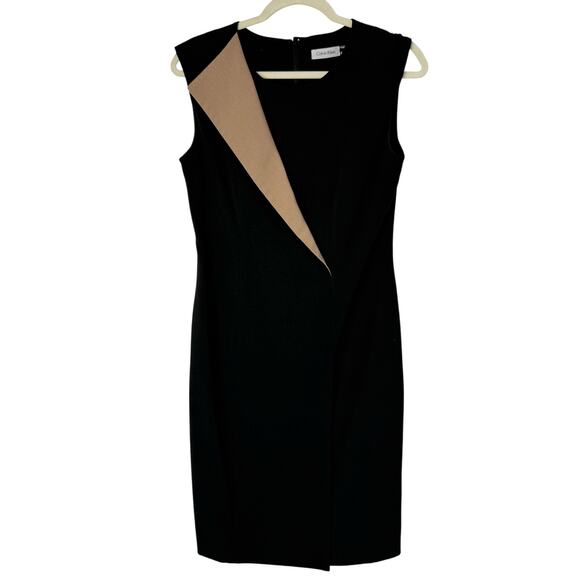 Calvin Klein Dress Women 8 Black Tan Faux Wrap Officecore Career Minimalist - Picture 1 of 9